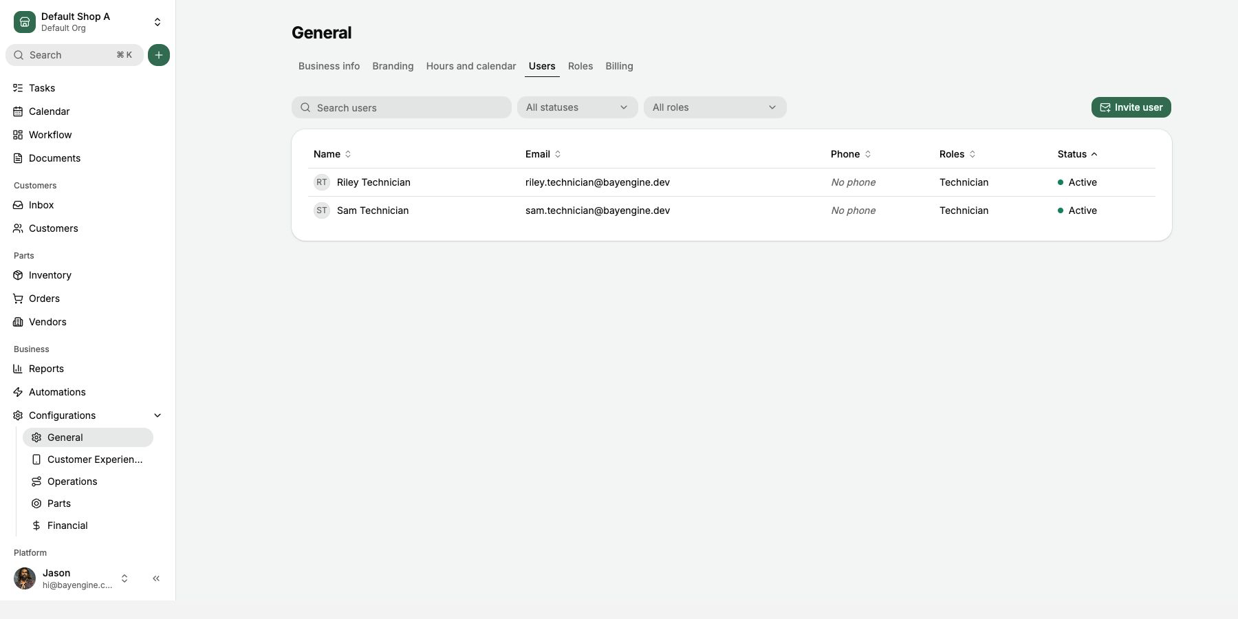 Open Users to invite staff and review their assigned Roles.