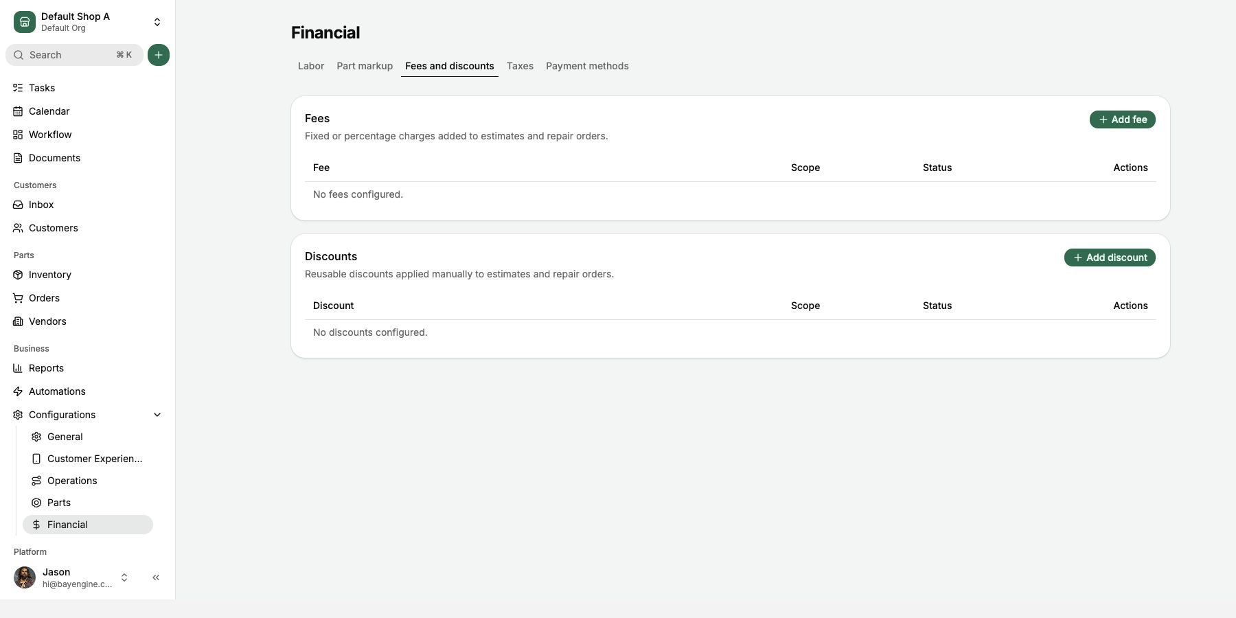 Review the available fee and discount templates before staff begin building estimates.