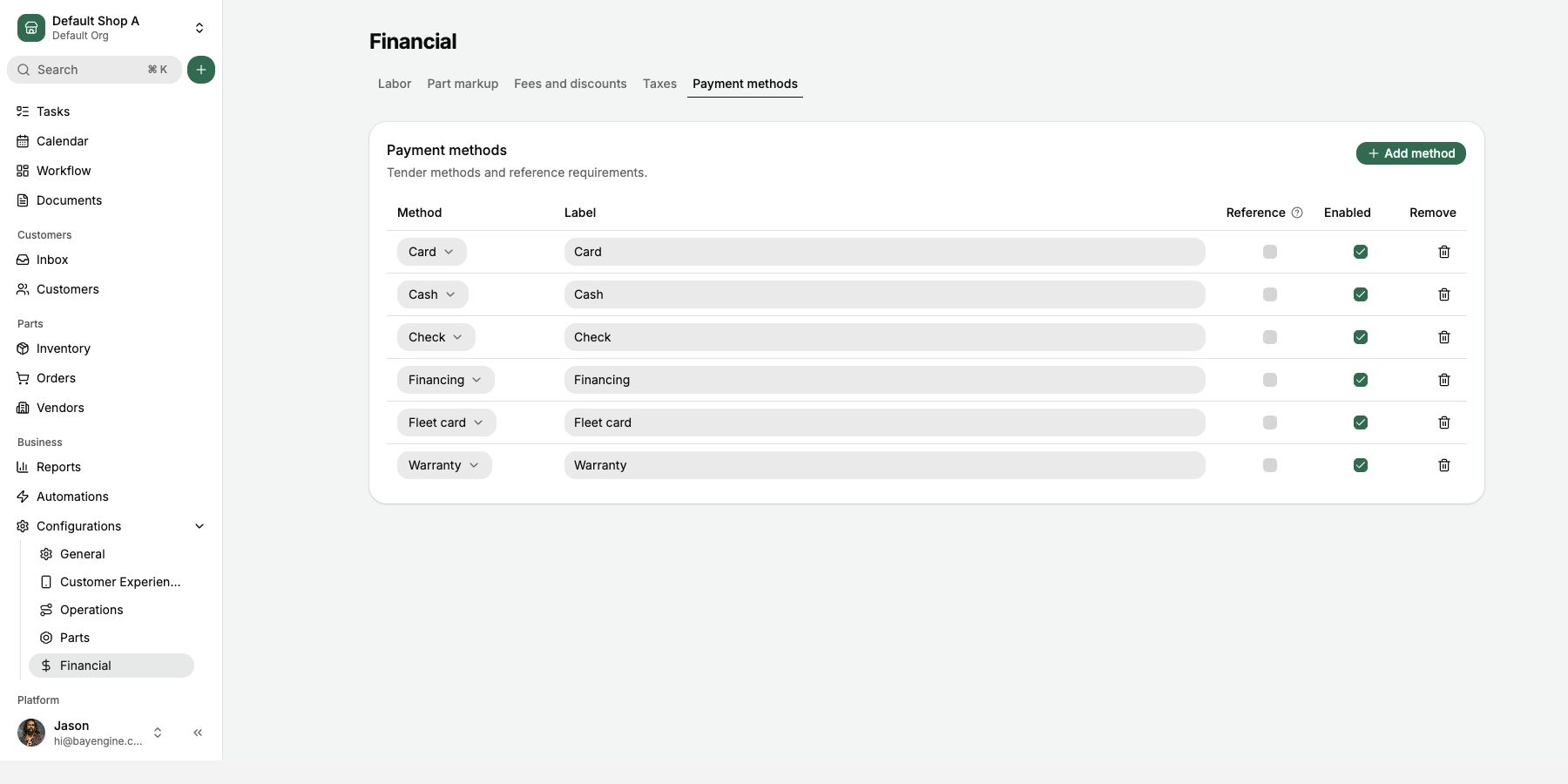 Open Payment methods to choose the tenders staff can record.