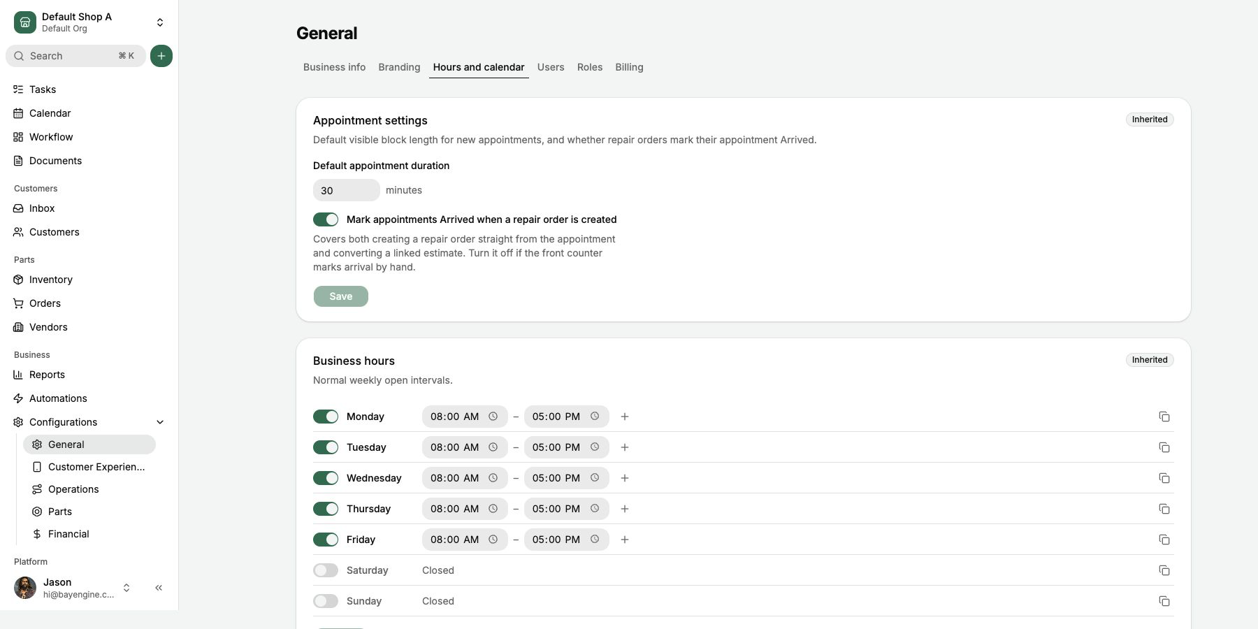 Set the weekly business hours, appointment duration, and arrival behavior.