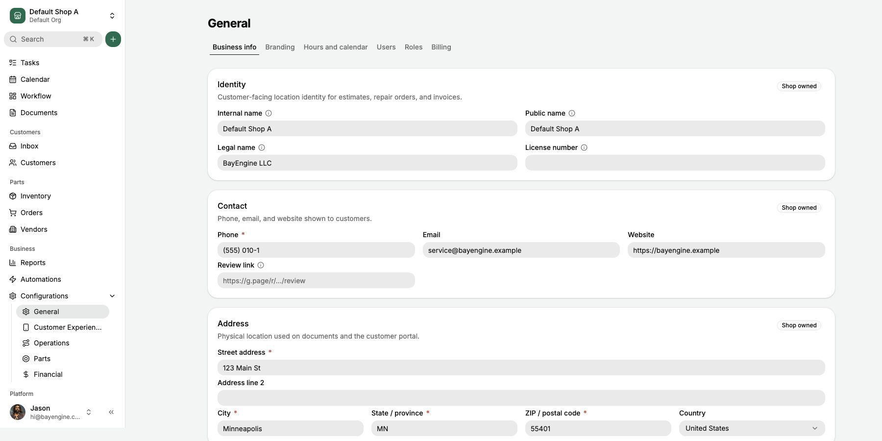 Open Business info and confirm the shop's customer-facing details.