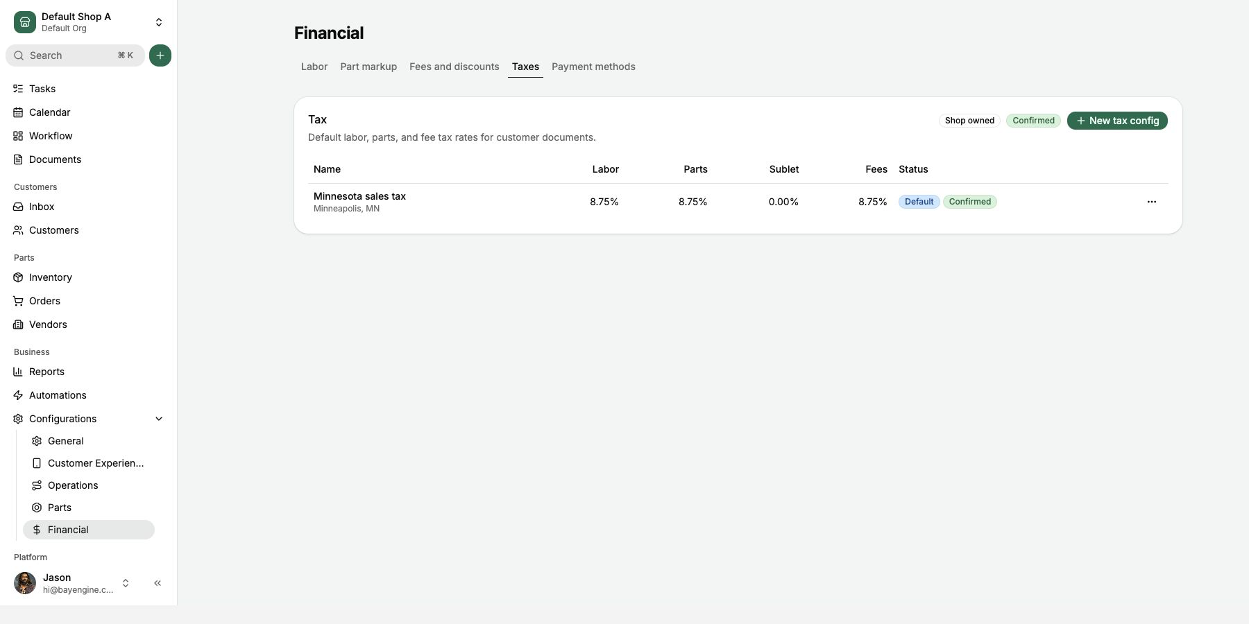 Review each tax rate and confirm the default Tax Configuration before sending customer documents.