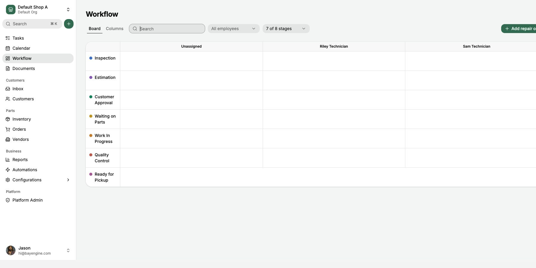 Open the Workflow board to start the first repair order.