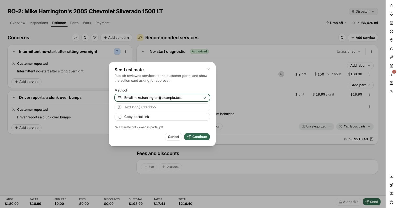 Review the document message and portal-link delivery method before sending.